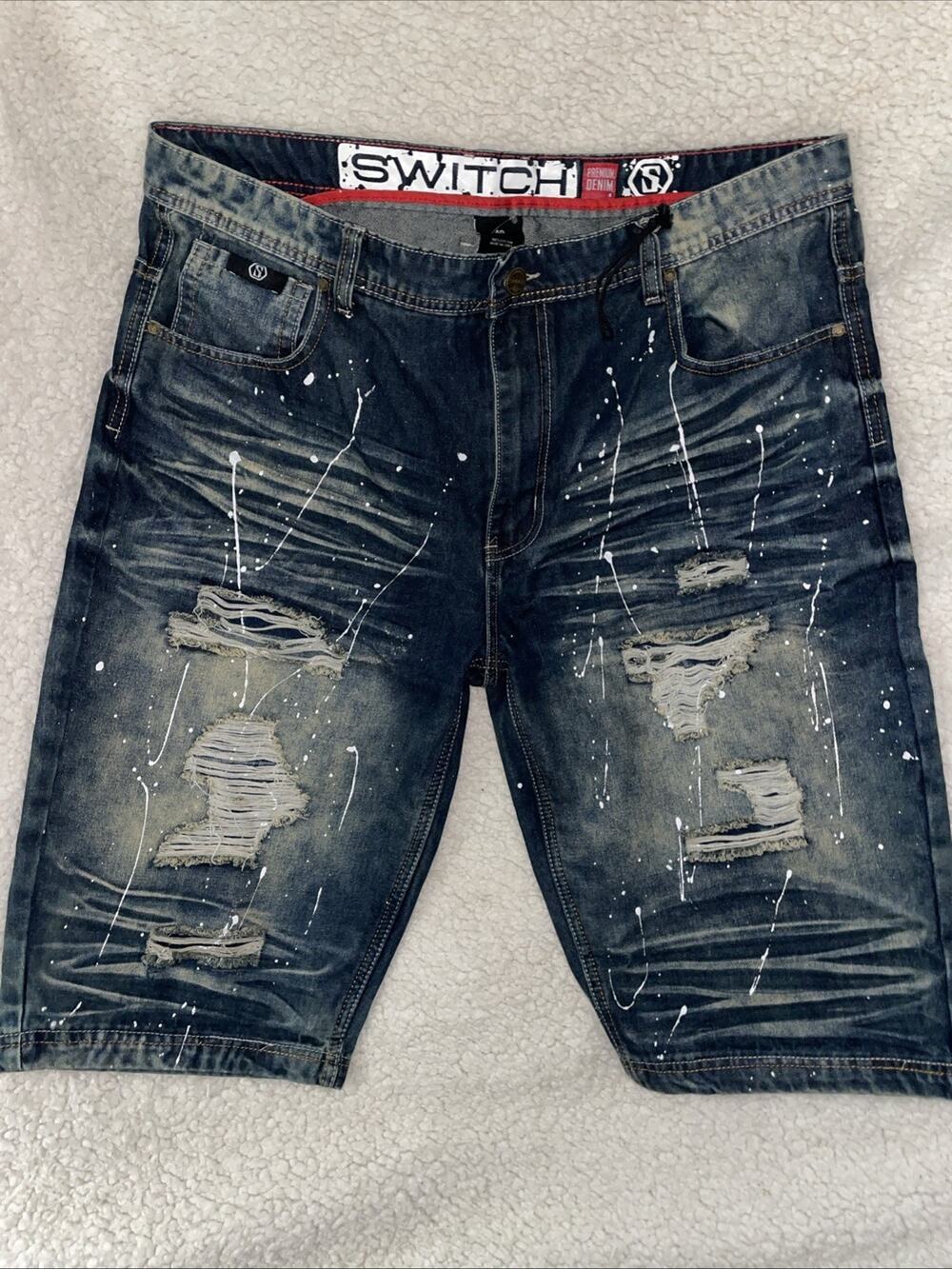 Switch Remarkable Paint Splatter Distressed Premium Mens Denim Shorts - Size 40